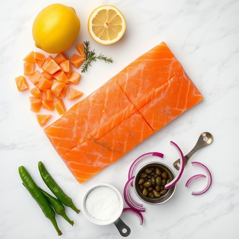 Overhead flat lay of raw diced salmon, fresh lemon, jalapeño, red onion, and capers with small bowls and measuring spoons on white marble surface