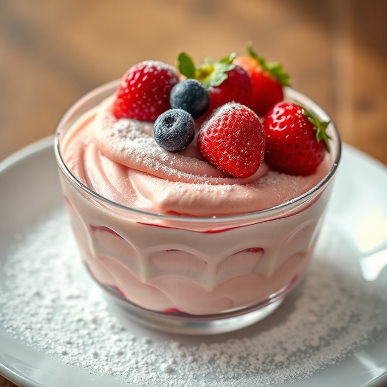 A perfectly plated strawberry mousse with a light dusting of powdered sugar and fresh berries on top.