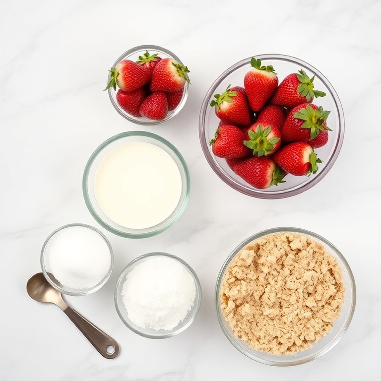 Fresh strawberries, cream, sugar, gelatin, and a crumbly crust in a flat lay setup.