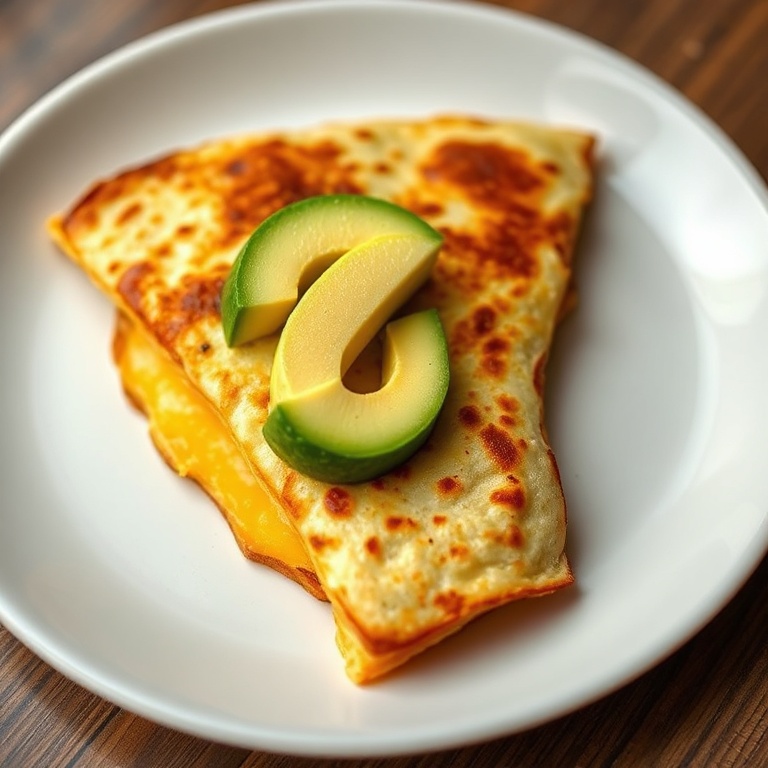 Perfectly plated fried egg quesadilla with a slice of avocado