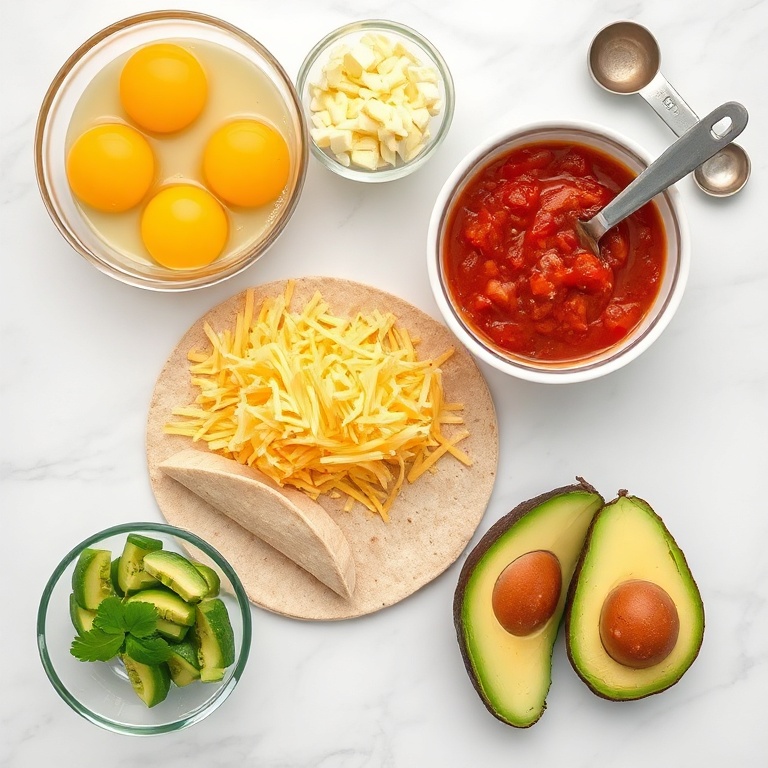 Fresh eggs, cheese, tortillas, and toppings arranged in a flat lay