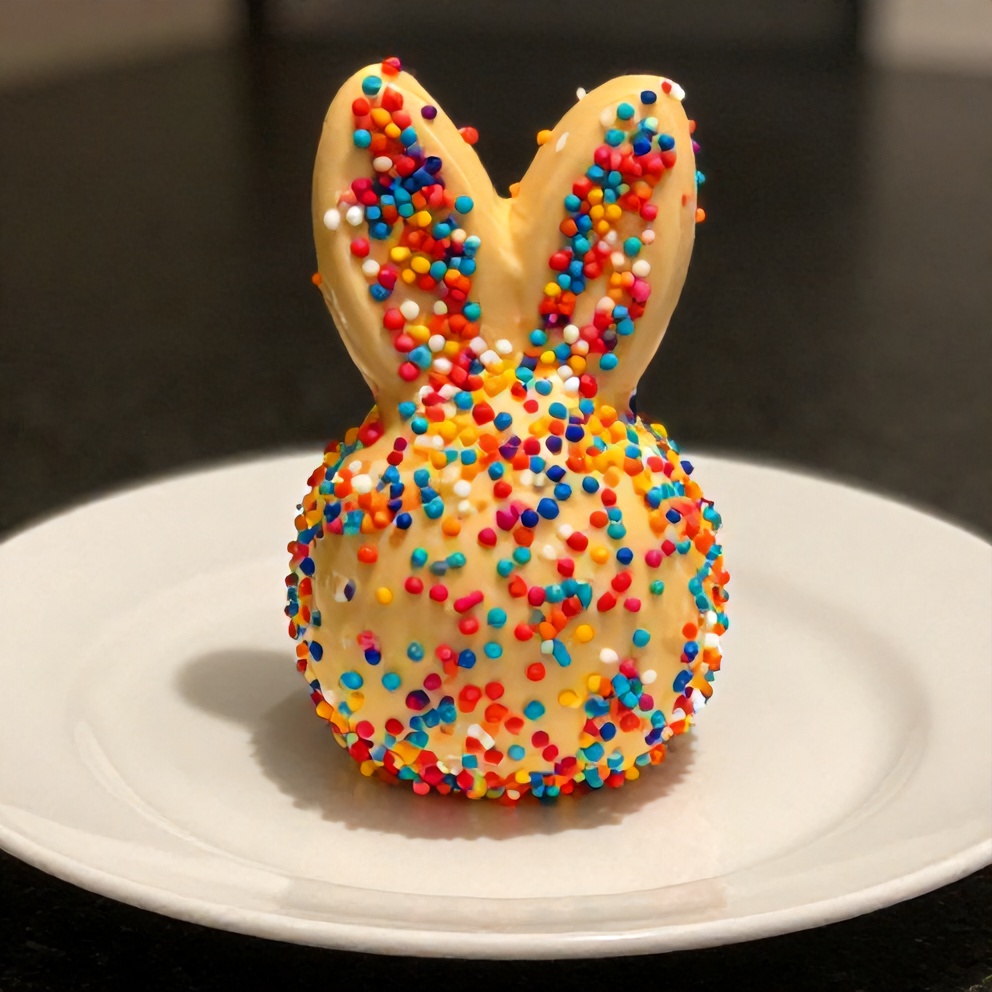 A perfectly plated funfetti bunny cheese ball with rainbow sprinkles, served on a white ceramic plate with soft lighting highlighting the texture.