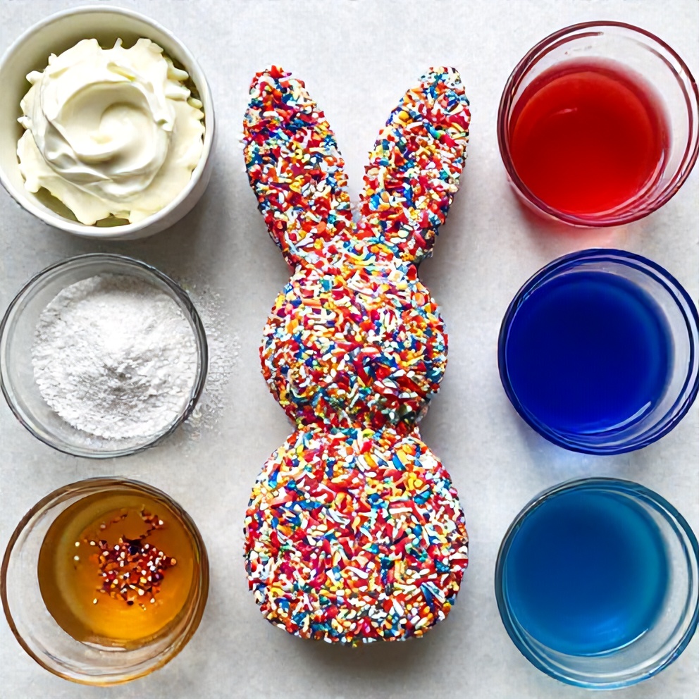 Raw ingredients for a funfetti bunny cheese ball arranged in an overhead flat lay. Cream cheese, powdered sugar, vanilla extract, red and blue food coloring, and colorful sprinkles are visible.