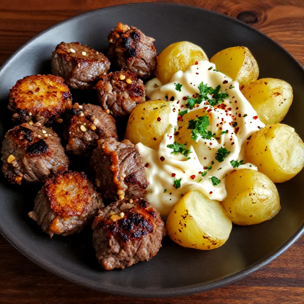 Plated garlic butter steak bites with potatoes