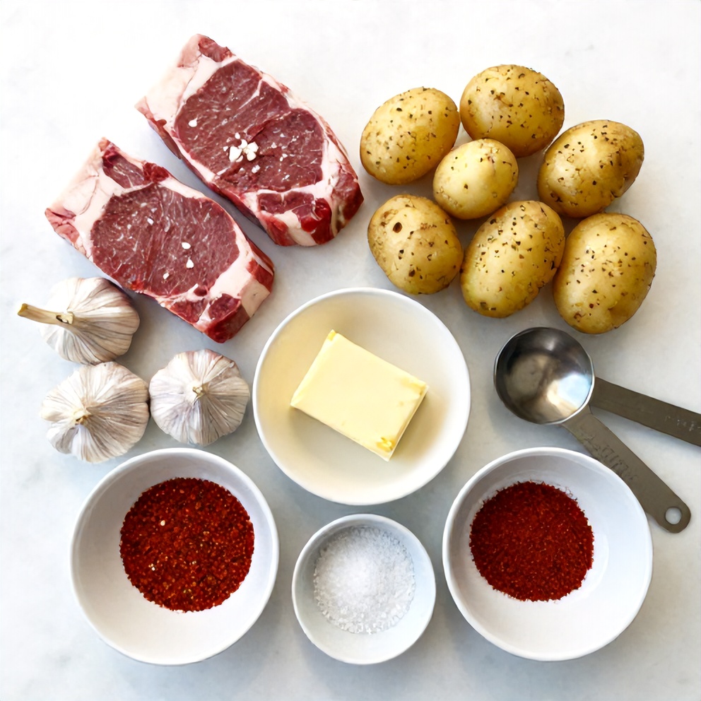 Raw ingredients for garlic butter steak bites with potatoes