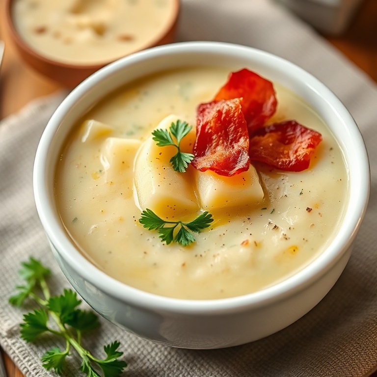 A perfect bowl of garlic potato soup topped with parsley and crispy bacon.