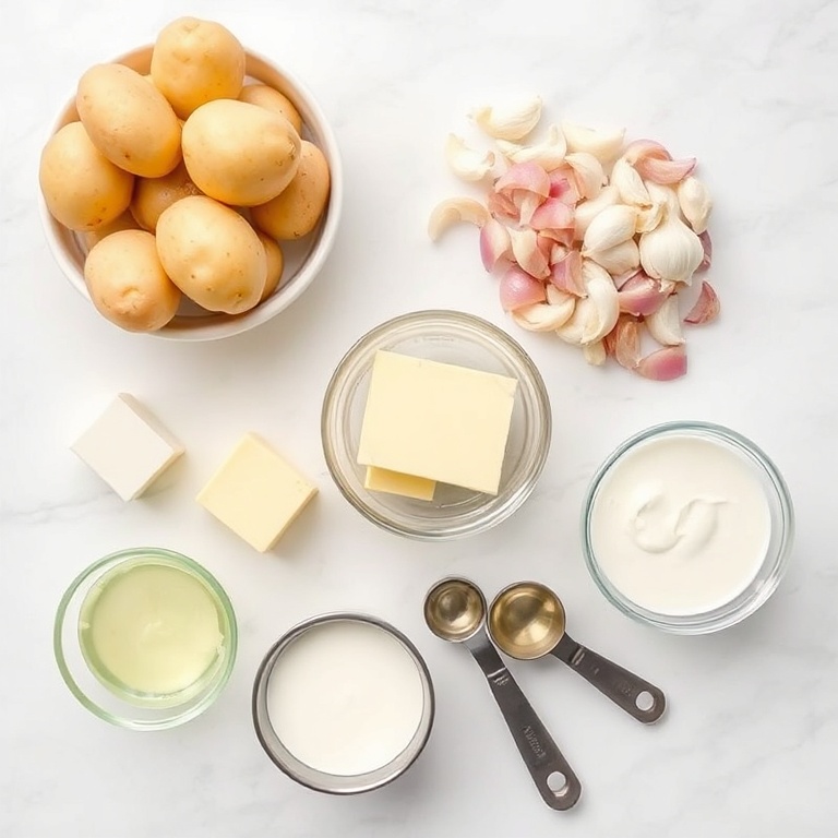 Raw potatoes, garlic, onions, butter, and cream arranged in an overhead flat lay.
