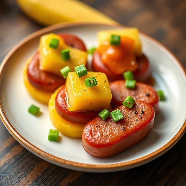 Plated kielbasa pineapple bites. Garnished with green onions. Bright and colorful.