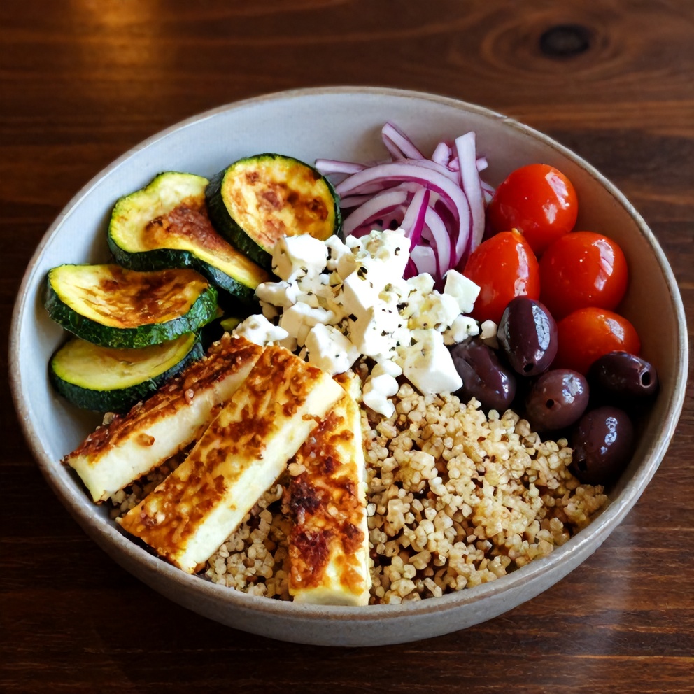 Greek Grain Bowl with Halloumi and Zucchini Crisps