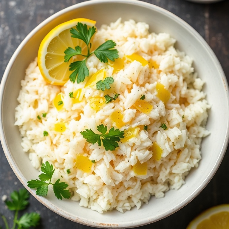 Rice plated in a bowl with fresh parsley, lemon wedge, and a drizzle of olive oil