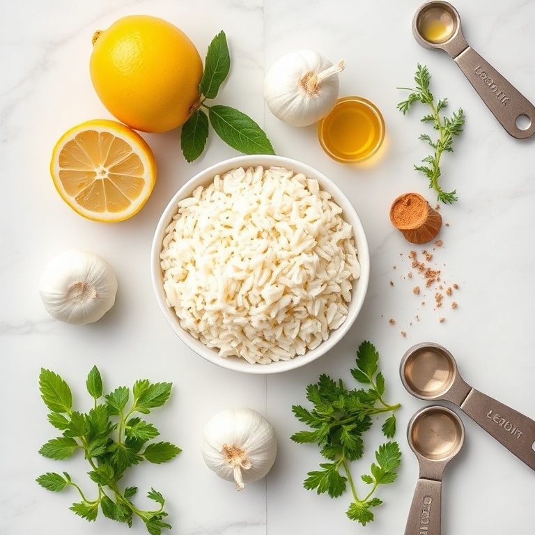 Fresh lemon, rice, garlic, olive oil, and herbs arranged in a flat lay on a white marble surface with measuring tools nearby