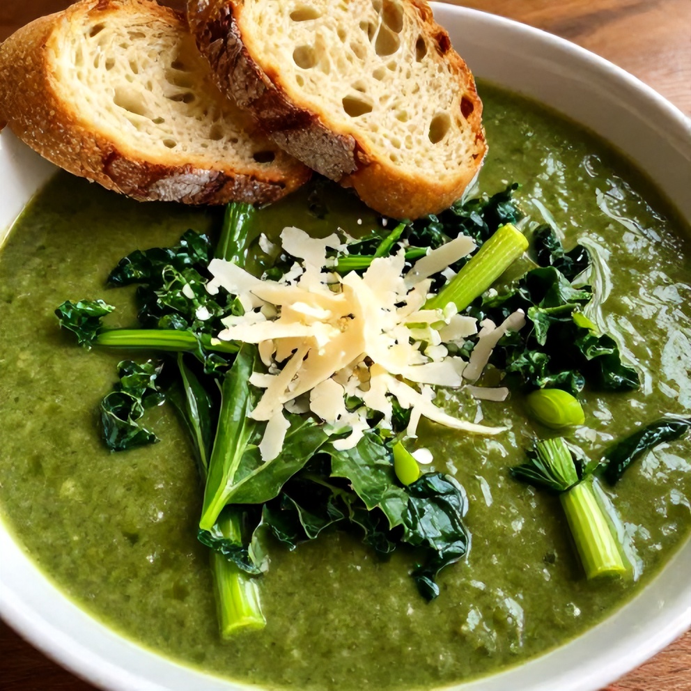 Bowl of Green Vegetable Soup with Crusty Bread
