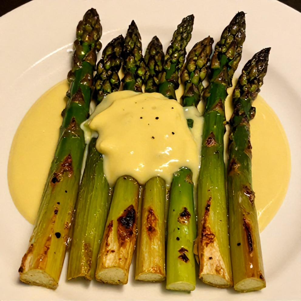 Plated Grilled Asparagus with Tahini Lemon Sauce