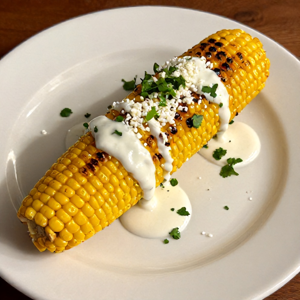 Plated serving of grilled corn on the cob with chili lime yogurt sauce