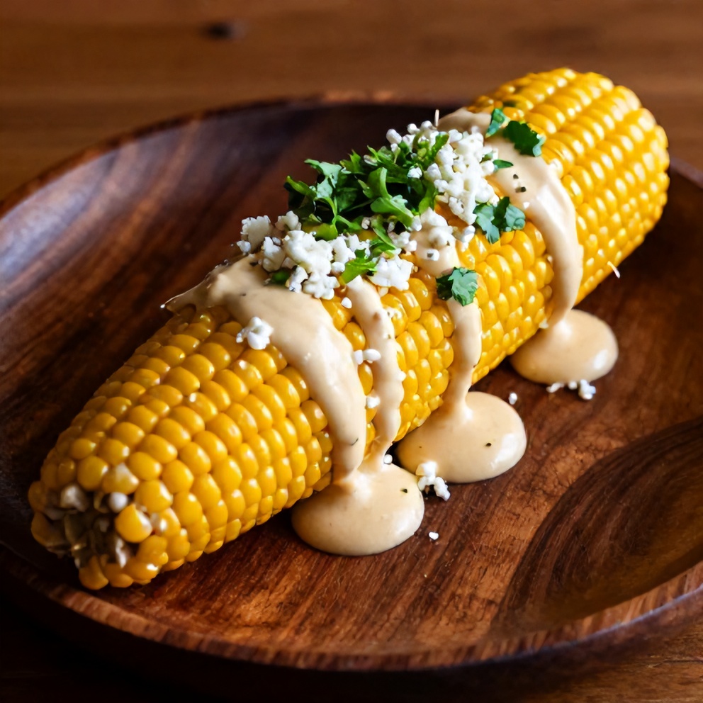 Plated Mexican Street Corn with Spicy Mayo, Cotija Cheese, and Fresh Cilantro
