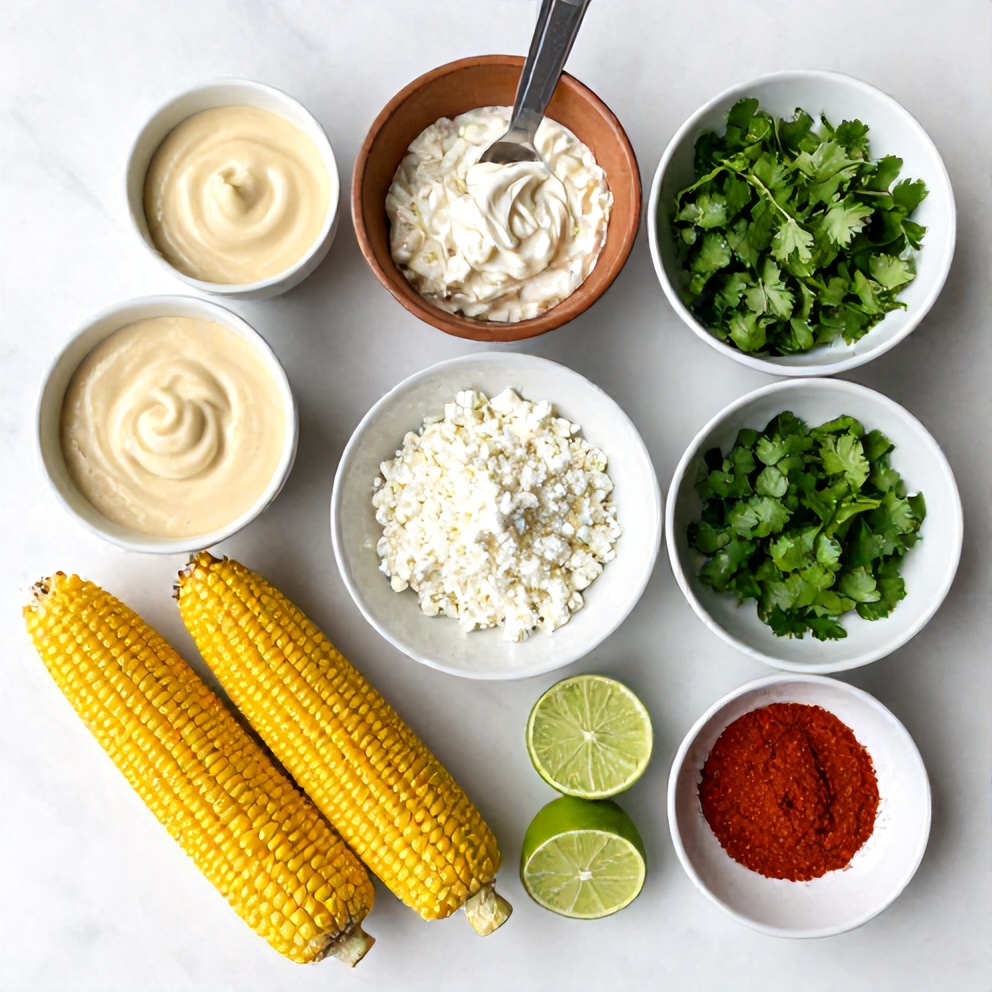 Raw Ingredients for Mexican Street Corn: Corn on the Cob, Spicy Mayo, Cotija Cheese, Fresh Cilantro, Limes, and Chili Powder