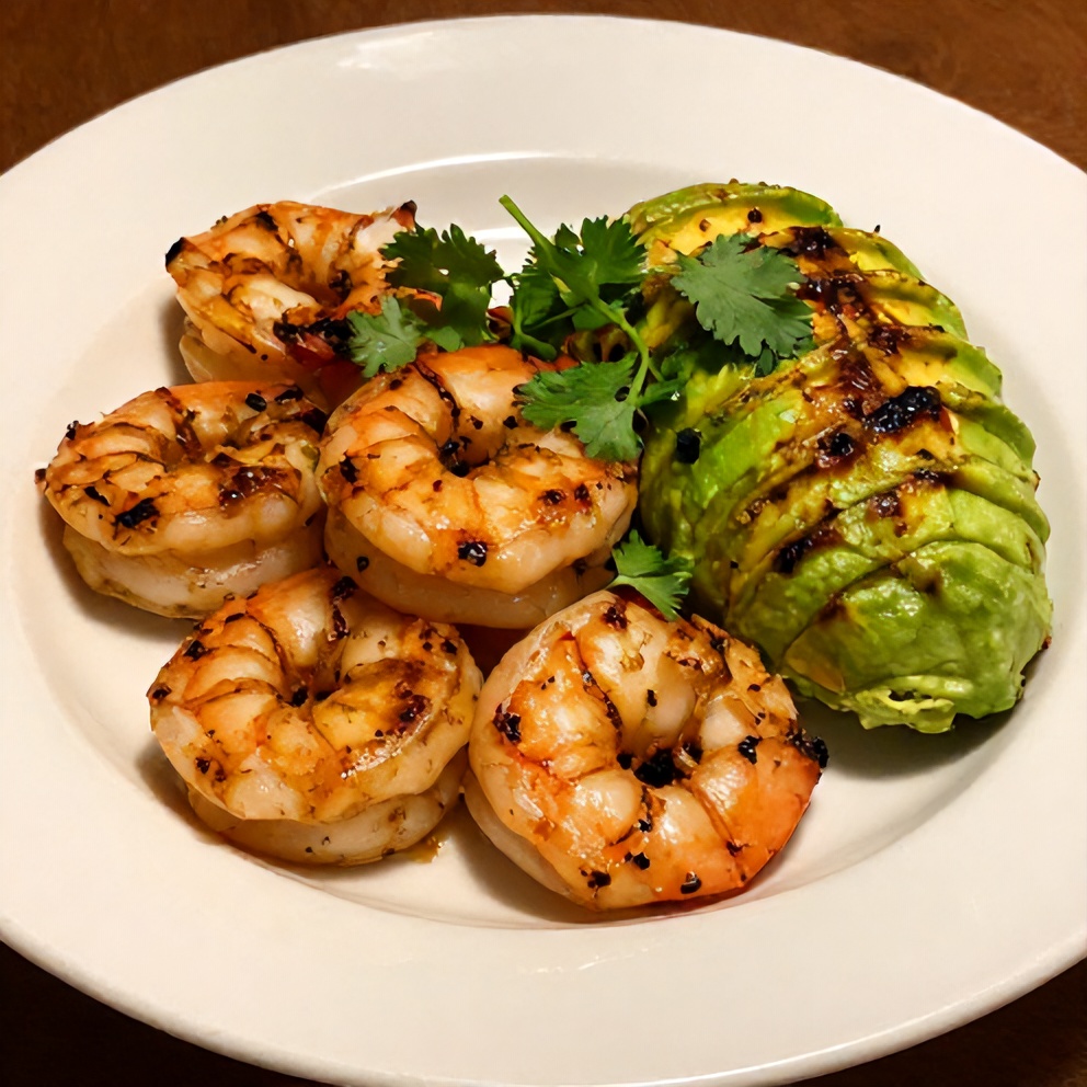 Grilled Shrimp and Avocado Bowl on a white plate