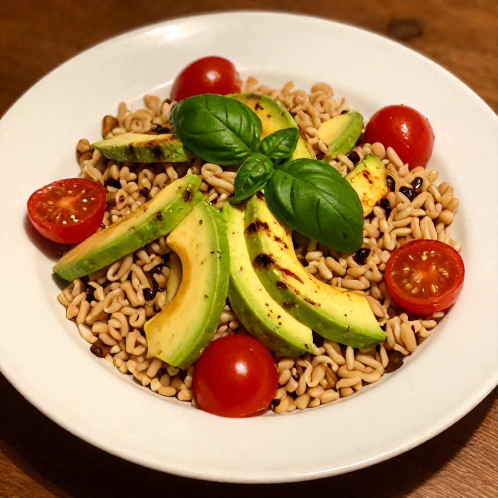 Plated serving of grilled summer vegetable farro salad with avocado and cherry tomatoes