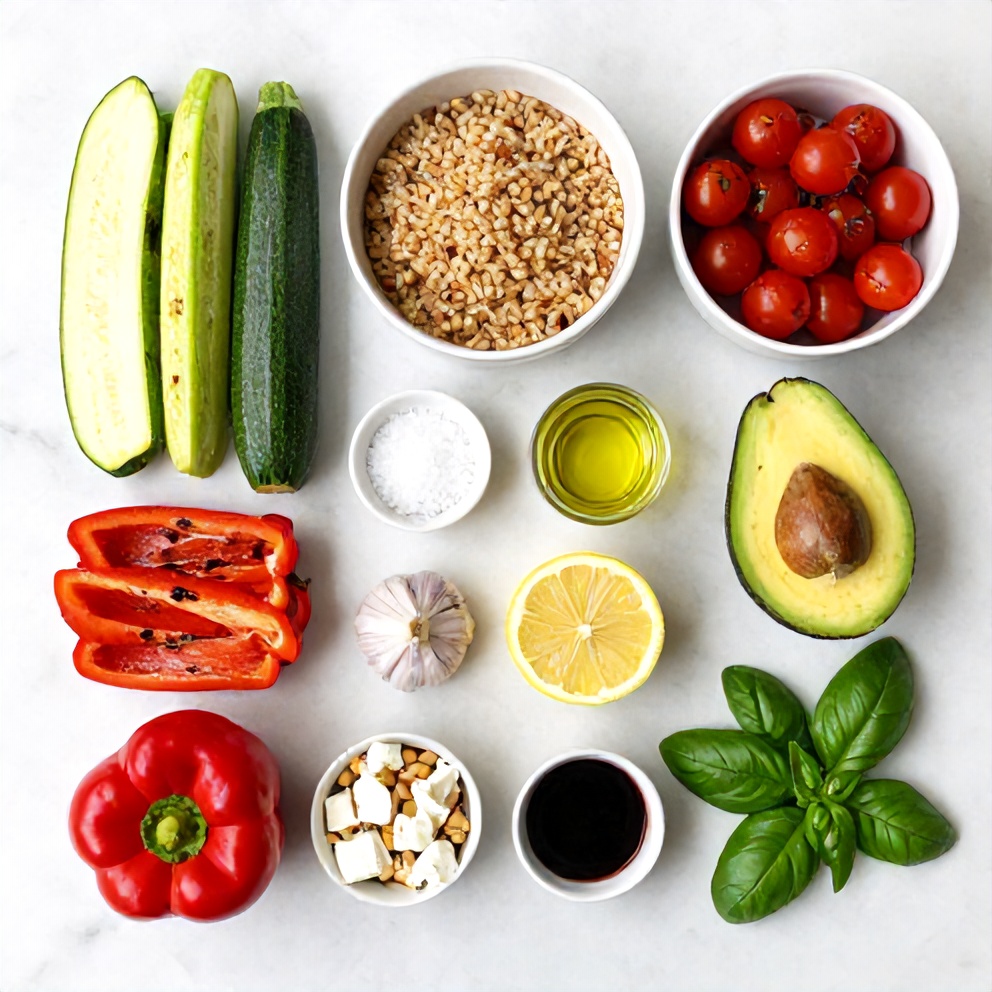 Raw ingredients for grilled summer vegetable farro salad