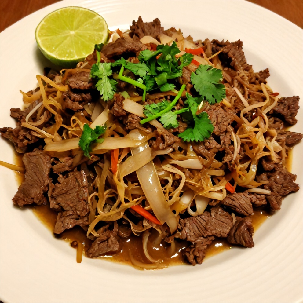 A plated beef cabbage skillet with fresh cilantro and lime. White plate with warm lighting, close crop, no text.