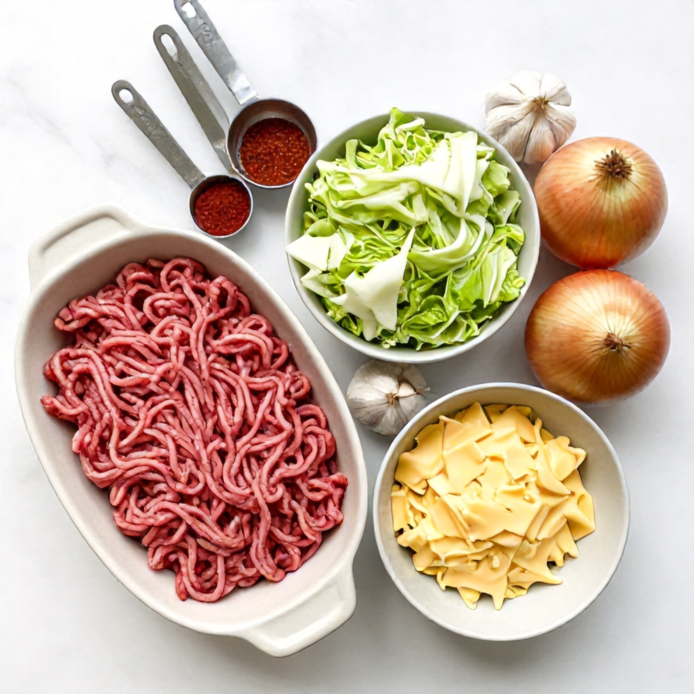 Raw ingredients for beef cabbage skillet: ground beef, cabbage, onion, garlic, spices, and cheese. Measuring spoons and bowls visible on white marble surface.
