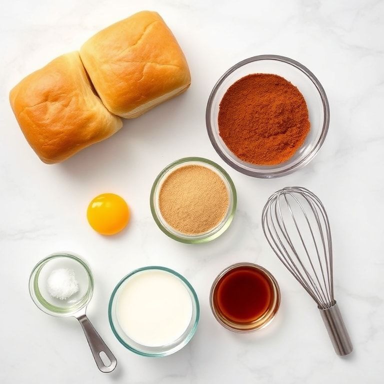 Overhead raw ingredients for Easy Hawaiian Roll French Toast including Hawaiian rolls, eggs, milk, vanilla, cinnamon
