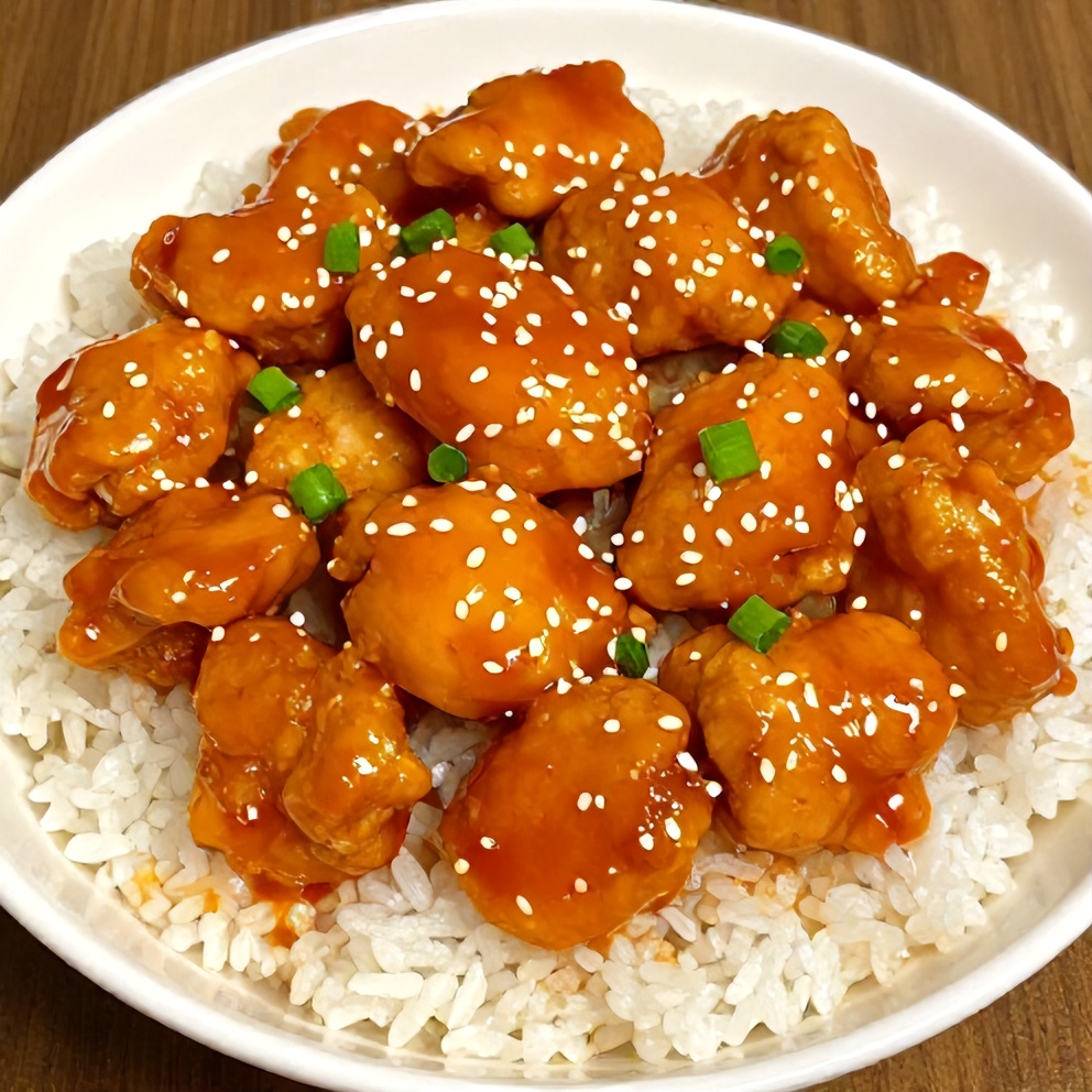 Plated serving of orange chicken with steamed rice