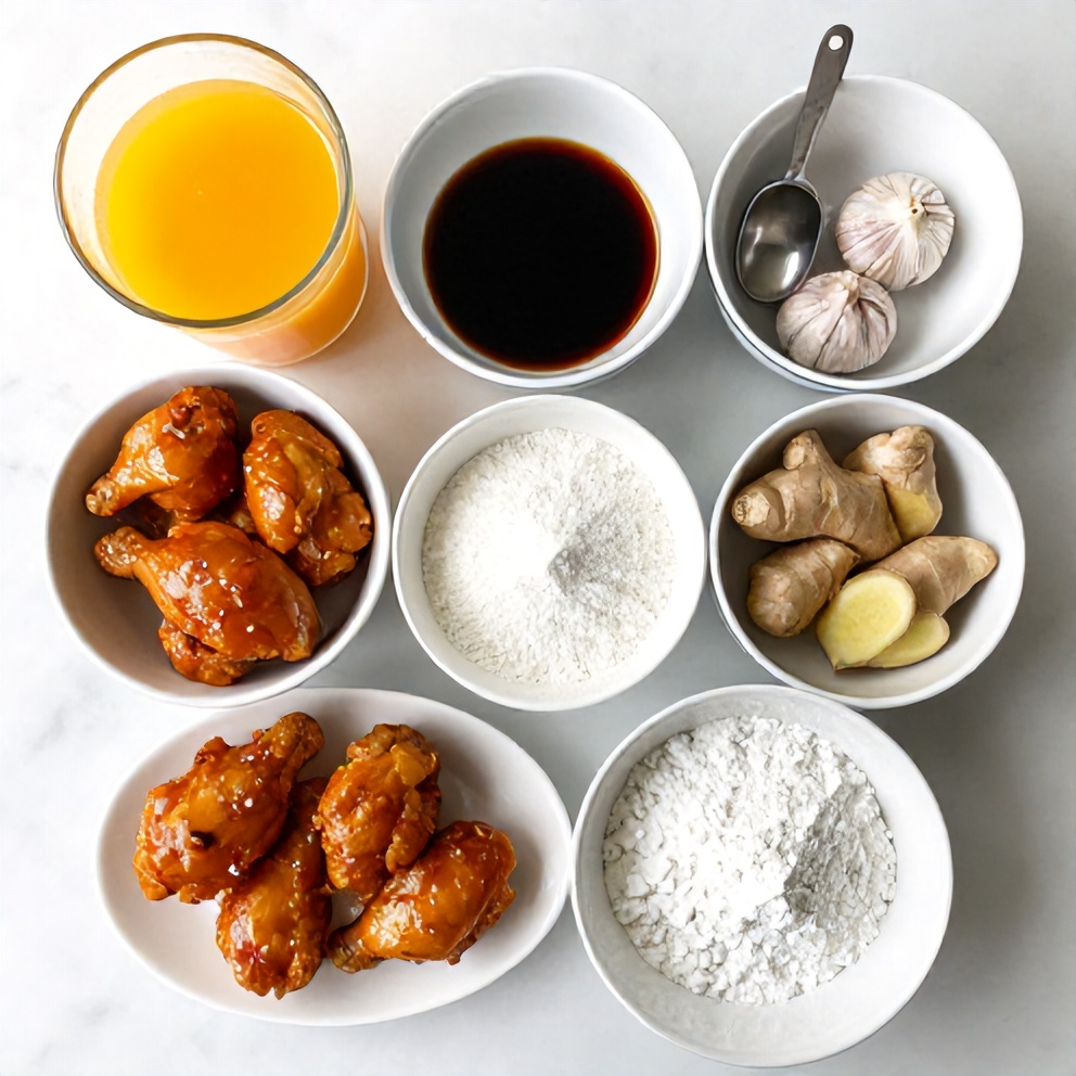 Raw ingredients for orange chicken: chicken, orange juice, soy sauce, garlic, ginger, cornstarch