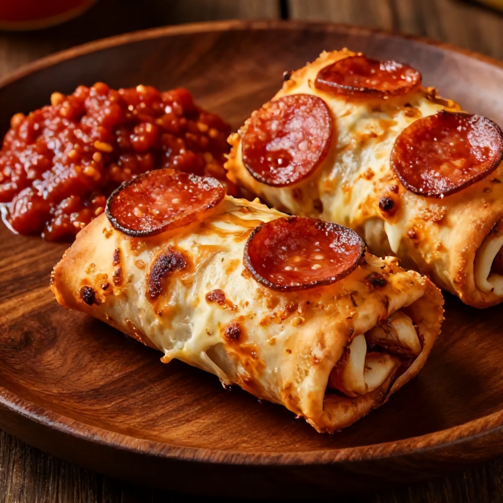 Pepperoni Pizza Rolls on a plate with a side of marinara sauce