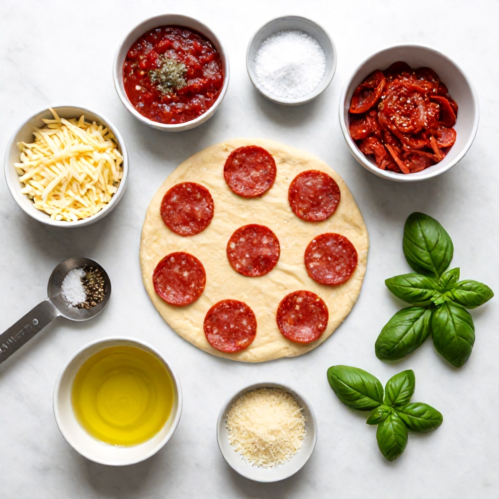 Raw ingredients for Pepperoni Pizza Rolls on a white marble surface