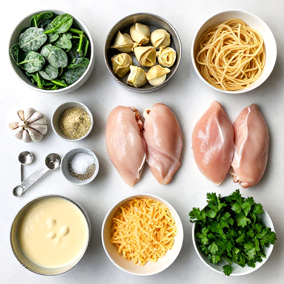 Raw Ingredients for Spinach Artichoke Chicken Casserole