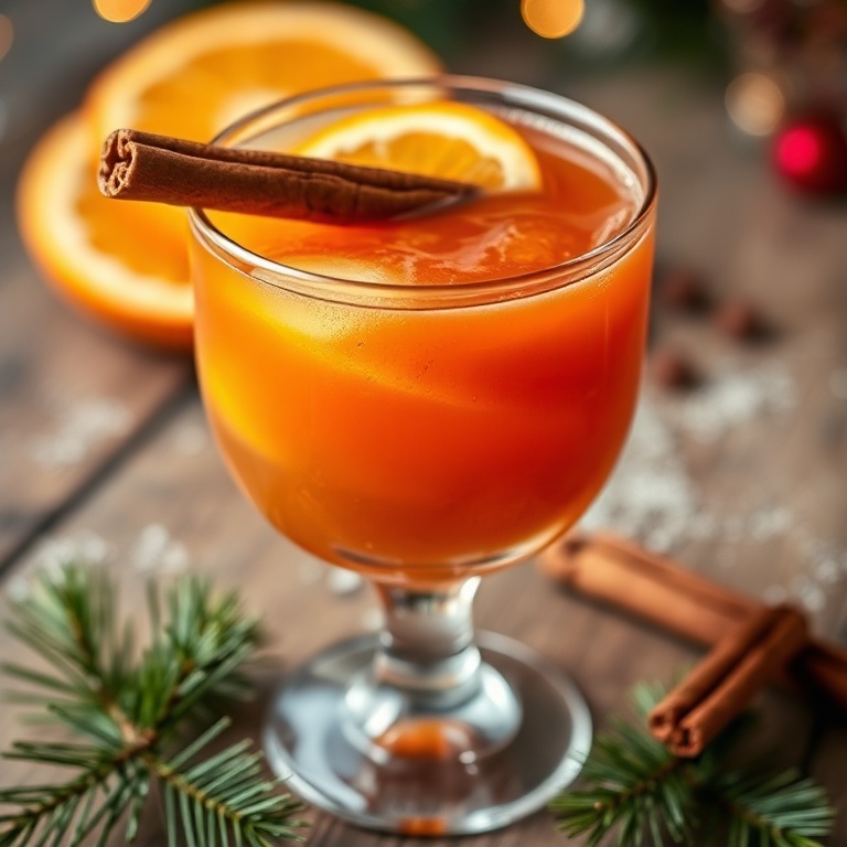 One perfect serving of holiday punch in a glass. Garnished with orange slices and a cinnamon stick. Close crop showing the glass and the liquid. Warm side lighting highlights the texture. Photorealistic food photography style.