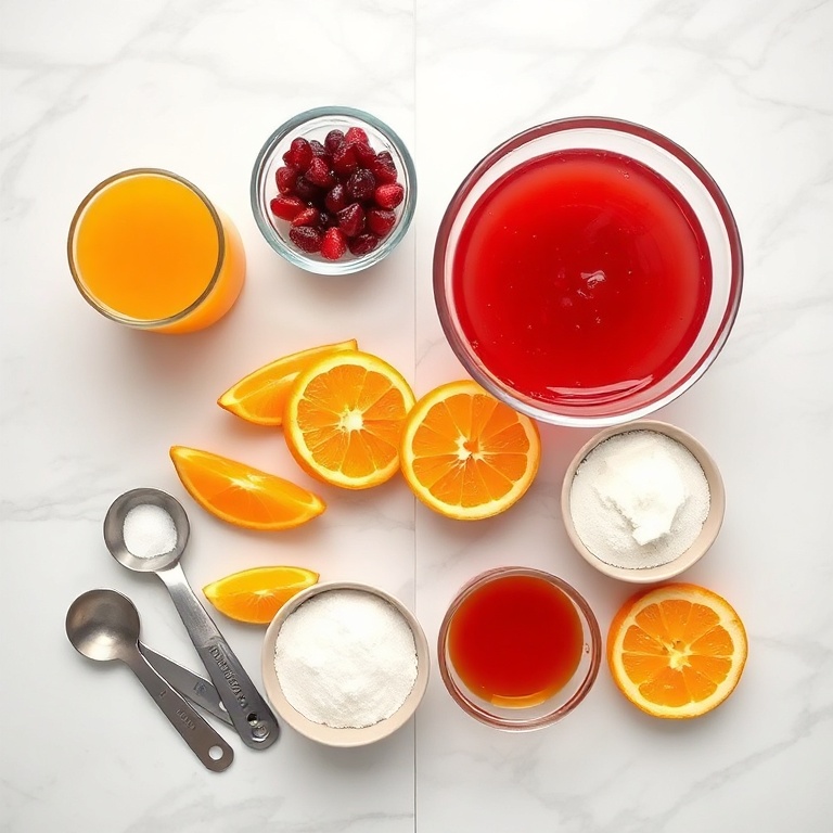 Overhead flat lay of all raw ingredients for holiday punch. Visually prominent items include orange juice, cranberry juice, pineapple juice, sugar, and orange slices. Prep bowls, measuring spoons, and cups visible. White marble surface. Bright even light. Photorealistic overhead food photography style.