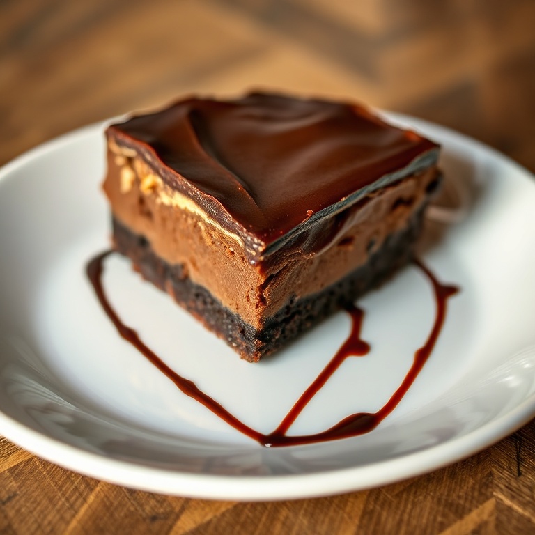 A single slice of brownie pie with a rich chocolate topping, served on a white ceramic plate with a chocolate drizzle.