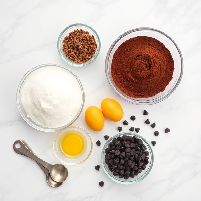 Raw ingredients for brownie pie: flour, sugar, butter, cocoa powder, eggs, and chocolate chips arranged in an overhead flat lay.