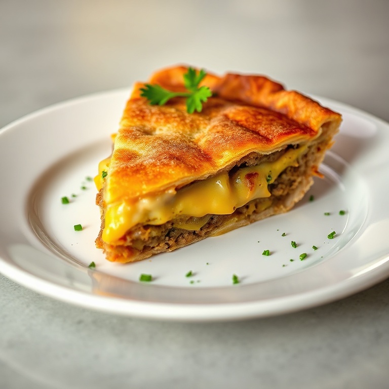 A perfect slice of cheeseburger pie on a white plate with a sprinkle of parsley and crispy edges visible