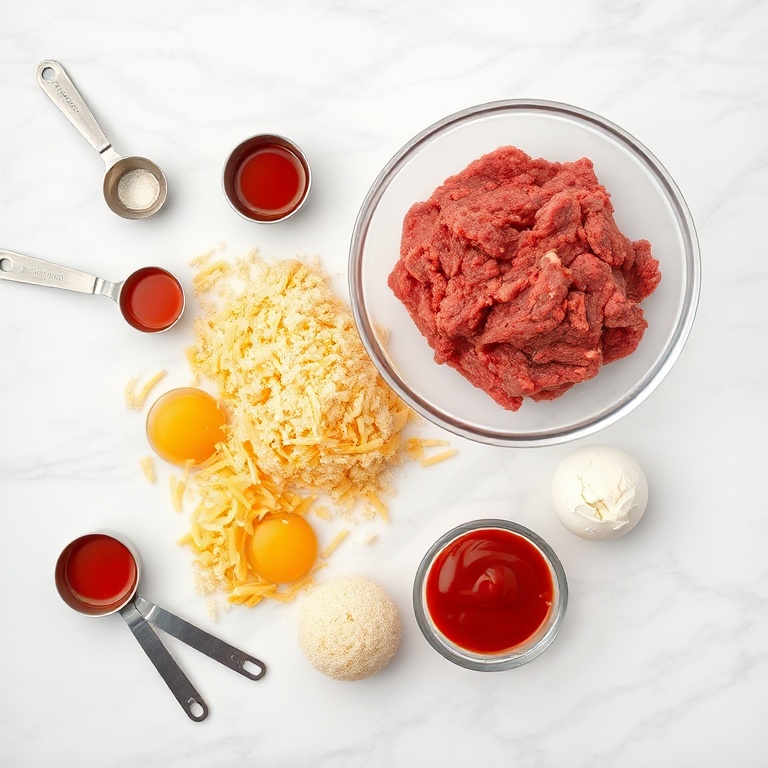 A flat lay of ground beef, breadcrumbs, cheese, eggs, and seasonings arranged on a white marble surface with measuring tools nearby