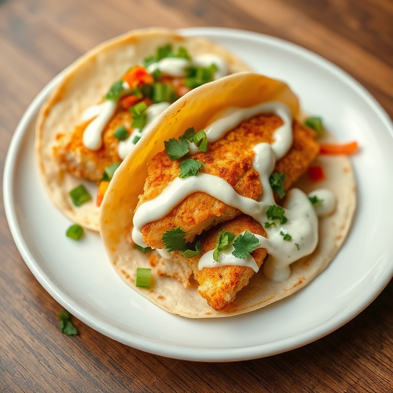 One plated serving of fish tacos topped with creamy homemade sauce and fresh cilantro on a white plate