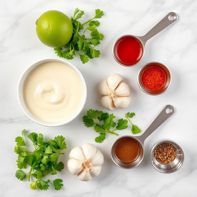 Overhead flat lay of raw ingredients including mayonnaise, lime, cilantro, garlic, and spices for fish taco sauce on white marble surface