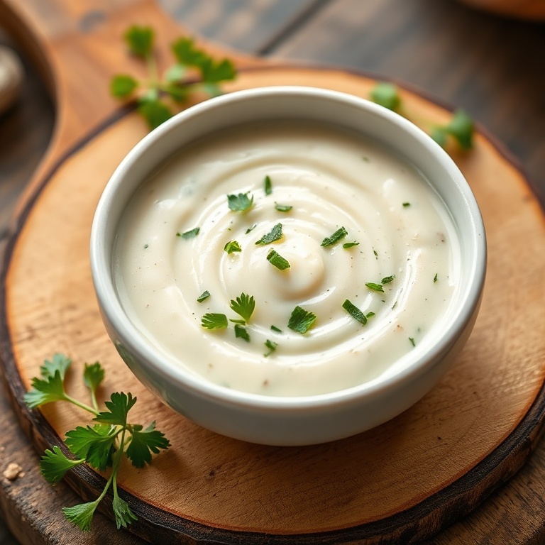 Plated Lebanese garlic sauce toum garnished with fresh parsley on a small white bowl with warm side lighting