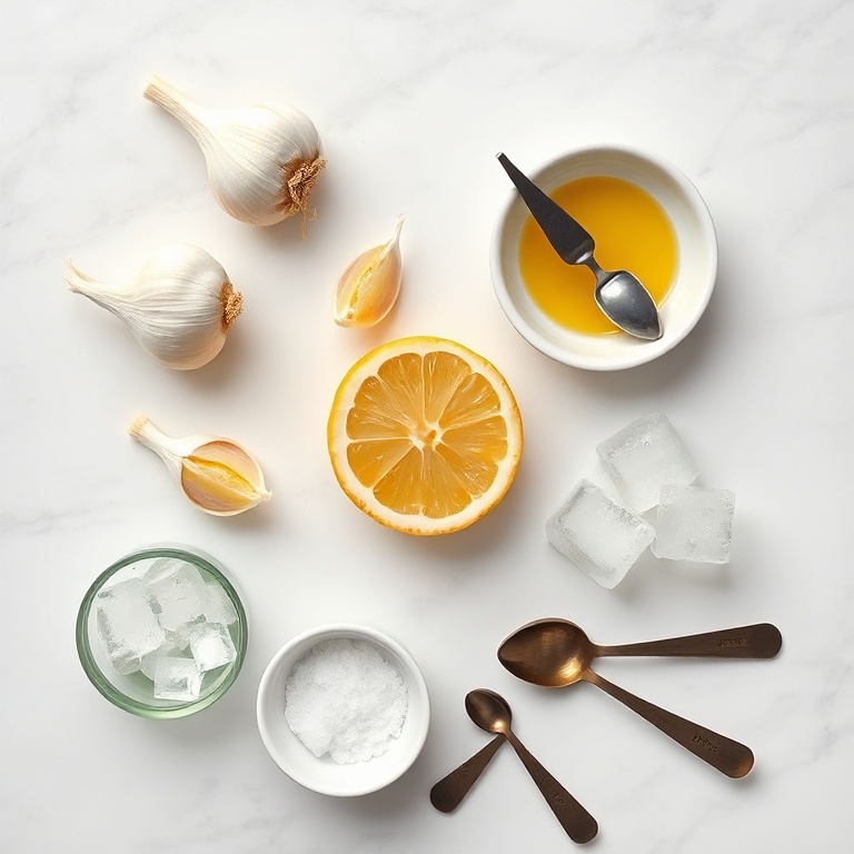 Overhead view of raw garlic, lemon, oil, salt, and ice cubes arranged with measuring spoons on a white marble surface