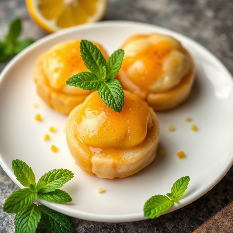 Pates de fruits on a white plate. Fresh mint and citrus zest. Close-up shot.
