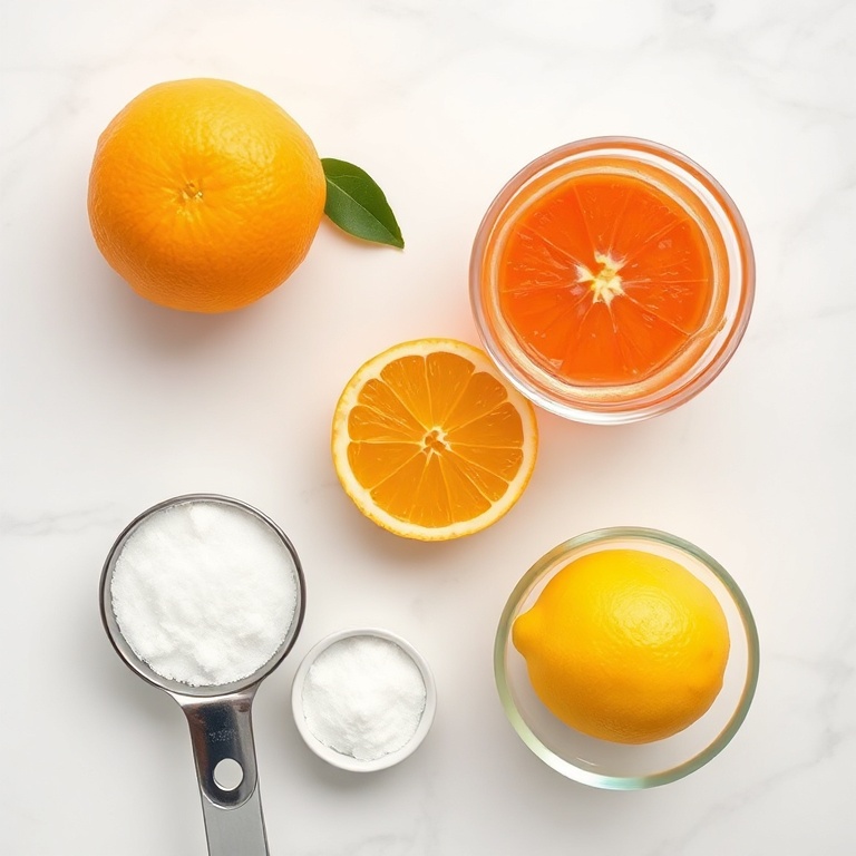 Fresh fruit, sugar, pectin, and lemon juice. Measuring cups and bowls. White marble surface.