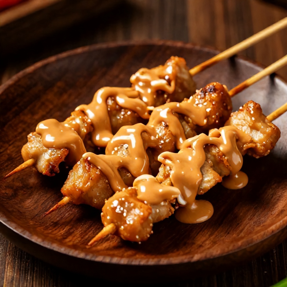 Peanut sauce drizzled over chicken satay skewers on a plate