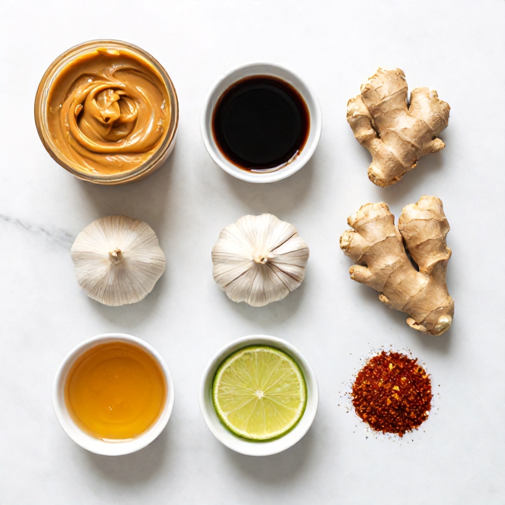 Ingredients for homemade peanut sauce: peanut butter, soy sauce, garlic, ginger, honey, lime juice, and red pepper flakes