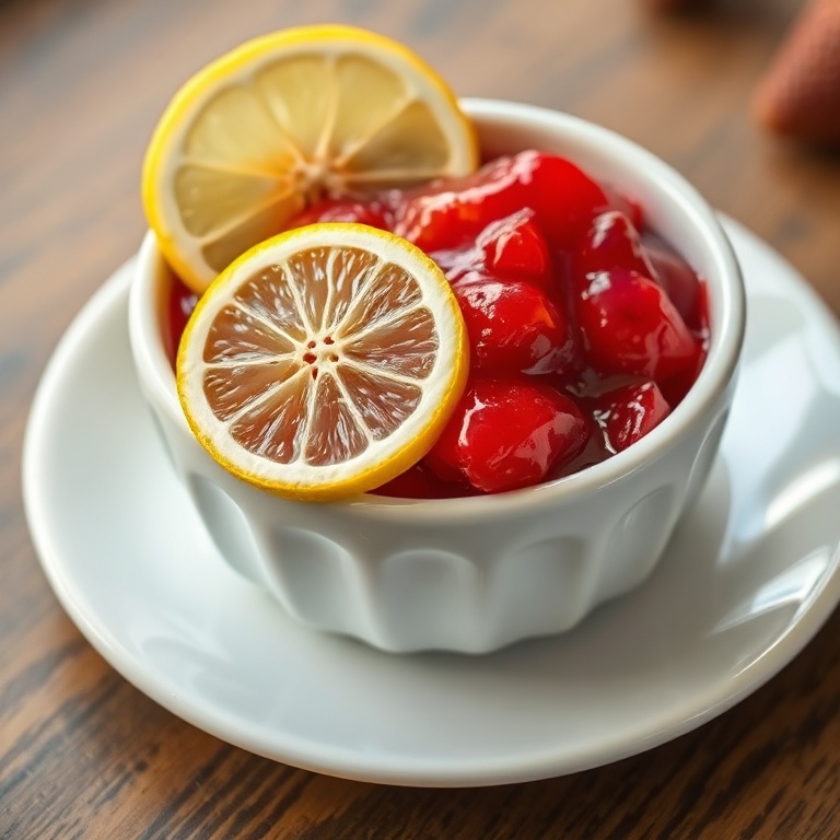 One perfect plated serving of strawberry preserves. Garnished with a slice of lemon. Close crop, food fills 90% of frame. White ceramic bowl. Warm side lighting highlighting texture. Photorealistic food photography style.