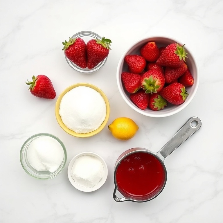 All raw ingredients for homemade strawberry preserves arranged in an overhead flat lay. Strawberries, sugar, lemon juice, pectin, and a measuring cup visible. White marble surface. Bright even natural light. Photorealistic overhead food photography style.