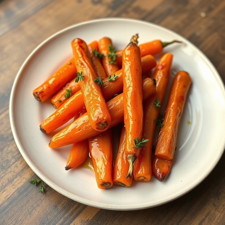 Close up of a plated serving of honey garlic roasted carrots garnished with fresh thyme on a white plate