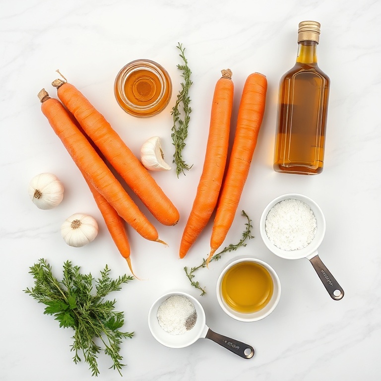 Raw carrots, honey, garlic cloves, olive oil, and fresh thyme arranged on a white marble surface with measuring spoons