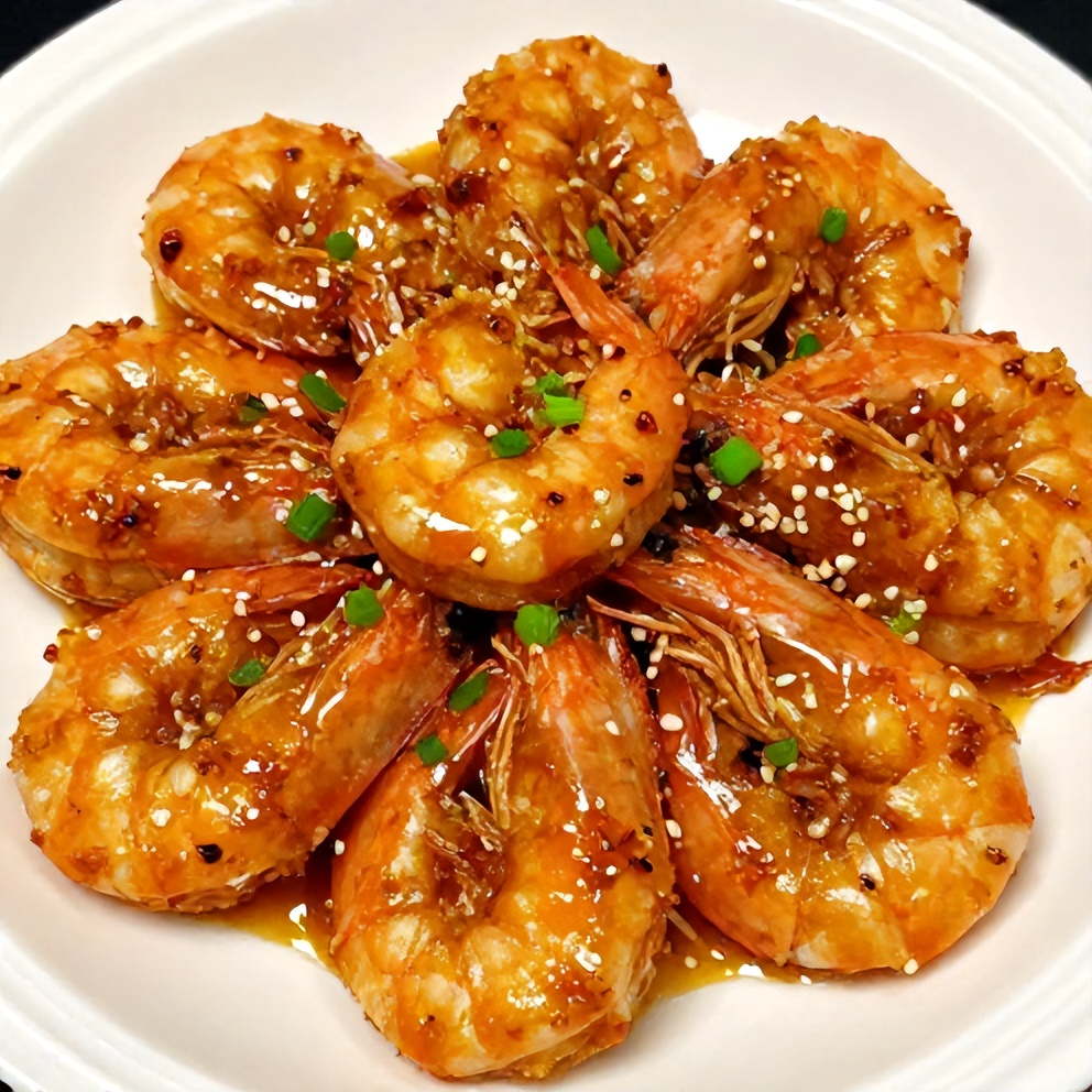 Plated Honey Garlic Shrimp with green onions
